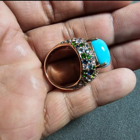 Ladies Turquoise Multi Gemstone Cluster Sterling Silver Statement Cocktail Ring - Picture 6 of 12